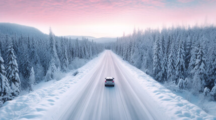 Obraz premium Car driving on snowy road in winter forest at sunset. Car driving on winter road through the snow covered forest at sunset. Car on the road in winter forest with snow covered trees. 