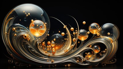 Elegant Golden Swirls in Glass Spheres on Black Background.