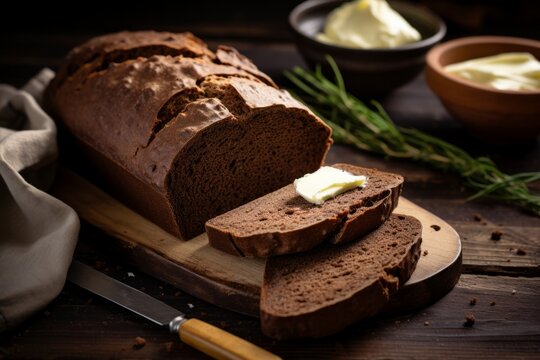 Delicious Pumpernickel bread served with a side of creamy butter on an old-fashioned wooden table