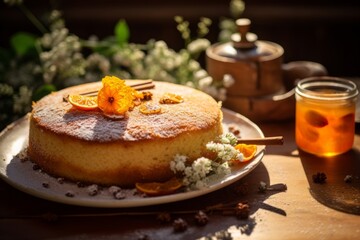 Obraz na płótnie Canvas A traditional Taiwanese sun cake, perfectly baked, sitting on a rustic table with baking ingredients scattered around