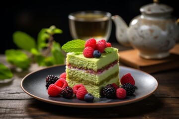 An enticing image of a Japanese matcha cake adorned with fresh fruits, accompanied by a soothing cup of green tea