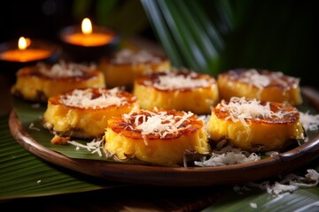 Experience the Filipino Christmas spirit with a serving of Bibingka, a delicious rice cake topped with butter, cheese, and coconut