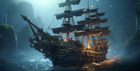 Fototapeta premium pirate ship in the sea, a pirate ship in the style of arcane with hextech