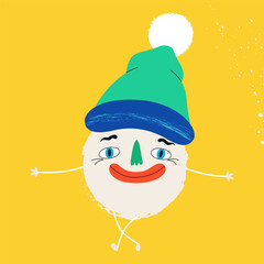 Funny snowball in a Christmas hat. New Year and Christmas mood. Template for card, poster, banner, paper, fabric. Vector illustration on isolated background in retro style.