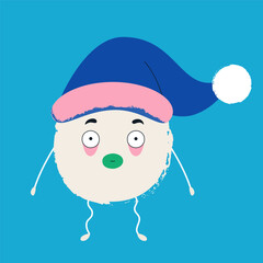 Funny snowball in a Christmas hat. New Year and Christmas mood. Template for card, poster, banner, paper, fabric. Vector illustration on isolated background in retro style.