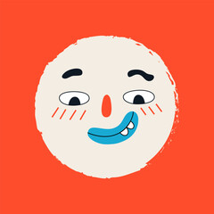 Funny snowball face in retro style. Template for card, poster, banner, fabric, paper. Vector illustration on isolated background.