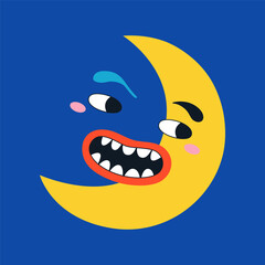 Funny moon face in retro style. Template for card, poster, banner, fabric, paper. Vector illustration on isolated background.