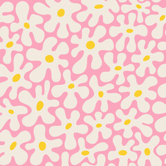 Retro daisies on a pink background, seamless pattern. Template for paper. fabrics, textiles. Vector illustration in modern style.