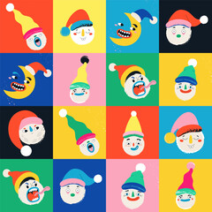 Fototapeta premium Funny snowballs in Christmas hats in retro style. Seamless pattern. Template for card, poster, banner, paper, fabric, textile. Vector illustration in modern style.