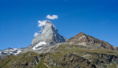 A close look at the Matterhorn 4478 meters high. A view from the road to the Little Matterhorn.