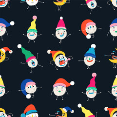 New Year and Christmas seamless pattern. Cute snowballs. Vector illustration in modern style. Template for fabric, paper.