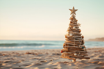 A driftwood Christmas tree in the sand on the beach in summer generated AI - obrazy, fototapety, plakaty