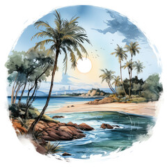 Fototapeta premium watercolor Palm tree beach circle clipart, Generative Ai