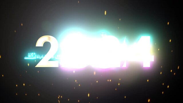 2024 gold text snowball for Happy New Year with flare light burst and gold particles on black abstract background. Beautiful typography magic design with golden glittering particles.