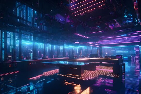 Fototapeta A cyberpunk penthouse, where a hacker overlooks the cityscape surrounded by holographic interfaces and virtual reality elements.