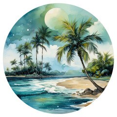 Fototapeta premium watercolor Palm tree beach circle clipart, Generative Ai