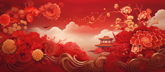 Chinese oriental style, Chinese new year in red and gold. Chinese festive celebration. Vector