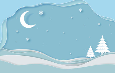 Christmas background, Mountain winter landscape winter christmas composition in paper cut style, vector illustration