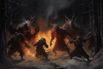 Fototapeten Group of Krampus in a dark snowy forest fighting in front of a fire © Reischi