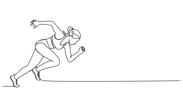 animated continuous single line drawing of female athlete starting to sprint, running and sprinting line art animation