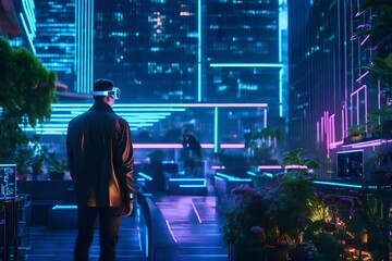 A cyberpunk rooftop garden, with a hacker surrounded by holographic screens, blending nature with...