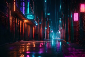 A dark alley in a cyberpunk world, illuminated by the glow of holographic codes floating in the air as a hacker works stealthily. - obrazy, fototapety, plakaty