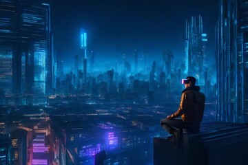 A futuristic cityscape at night, with a lone hacker perched on a rooftop surrounded by virtual reality projections.