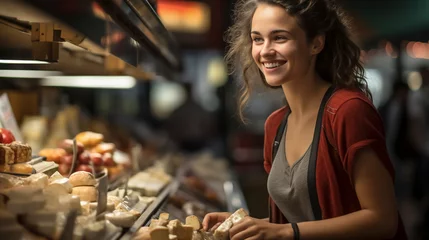 Foto op Plexiglas Young woman shopping in supermarket, at the cheese counter, meat counter, fruit stand, bakery, fish counter and shoe store, AI generated © David Brown