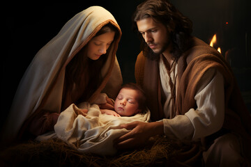 Christmas nativity scene with the real parents and baby Jesus