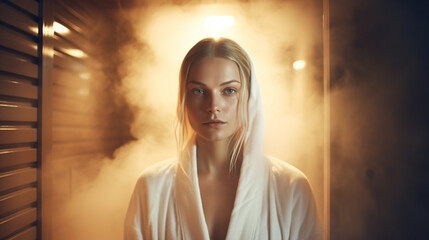 Kobieta w saunie gorąca para w tle ciepłe światło - obrazy, fototapety, plakaty