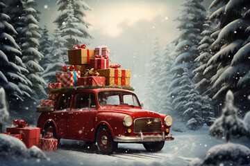 Red car with gift boxes and christmas tree on the top in forest generated AI