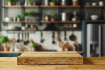 Wooden pedestal of free space for your decoration. Kitchen interior with furniture. Window and morning sun light. Board of brown wood and mockup backdrop. Empty space for your products, natural light 