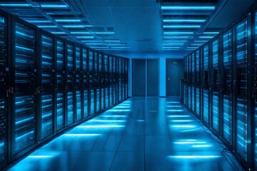 A server room bathed in a cool blue glow, highlighting the precision and efficiency of a cutting-edge information processing facility.