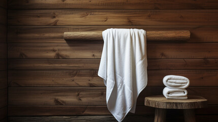 Drewniana ściana łazienki, sauny z ręcznikiem na poręczy i małym stoliczkiem - obrazy, fototapety, plakaty