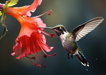Obraz premium Male Ruby-throated Hummingbird feeding at a Wild Columbine flower