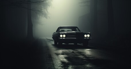 Black and white image of a car parked in middle of road in foggy moody forest