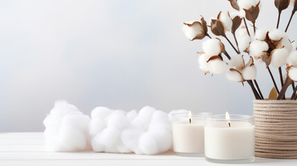 Obrazy na Plexi  Świeczki wśród bawełny na delikatnym tle do promocji produktu i relaksu