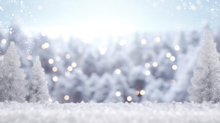 Winter background with snowy fir trees and bokeh lights. Copy space.