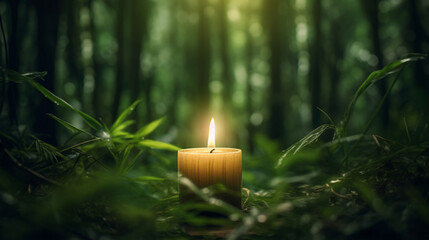 Pojedyncza relaksacyjna świeca w środku bambusowego lasu - obrazy, fototapety, plakaty
