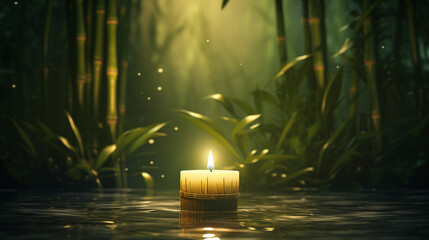 Pojedyncza relaksacyjna świeca na tafli wody w środku bambusowego lasu - obrazy, fototapety, plakaty