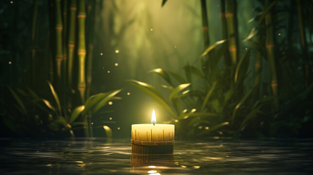 Pojedyncza relaksacyjna świeca na tafli wody w środku bambusowego lasu