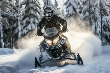 Fotobehang Embark on a winter adventure as a confident teenager fearlessly snowmobiles through breathtaking snowy landscapes, capturing the essence of thrilling winter thrill-seeking © Nino Lavrenkova
