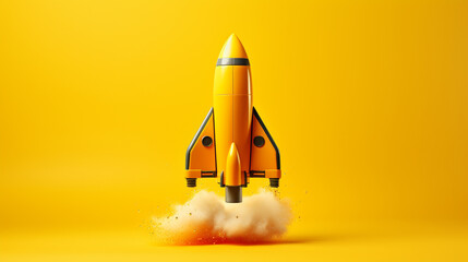Rocket flying on plain yellow background, 