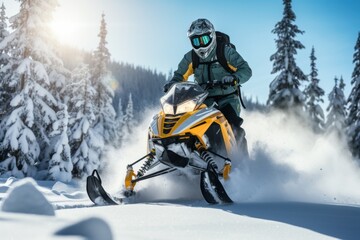 Fototapeta na wymiar Embark on a winter adventure as a confident teenager fearlessly snowmobiles through breathtaking snowy landscapes, capturing the essence of thrilling winter thrill-seeking