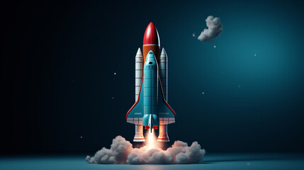 Rocket flying on blue plain background, startup