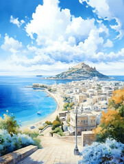Fototapeta premium Rhodos Greece Skyline, a watercolor painting of a city and a beach.