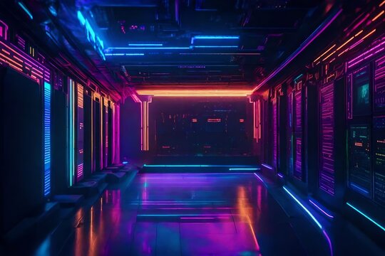 Fototapeta A hidden cyberpunk cave, illuminated by the glow of holographic screens as a hacker delves into the digital abyss.