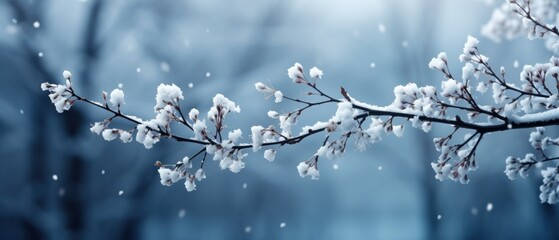 Winter panorama with snow-covered branches of plants on a blurred background during a snowfall