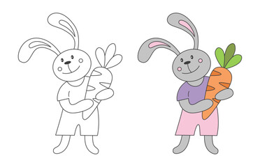 Cute Easter bunny with carrot in his paws. Black and white coloring page for kids. Children education or animals theme. Cartoon vector illustration. 