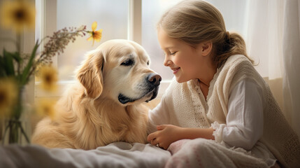 Child, girl sitting with a golden retriever dog on a bed in beige colors in the morning.